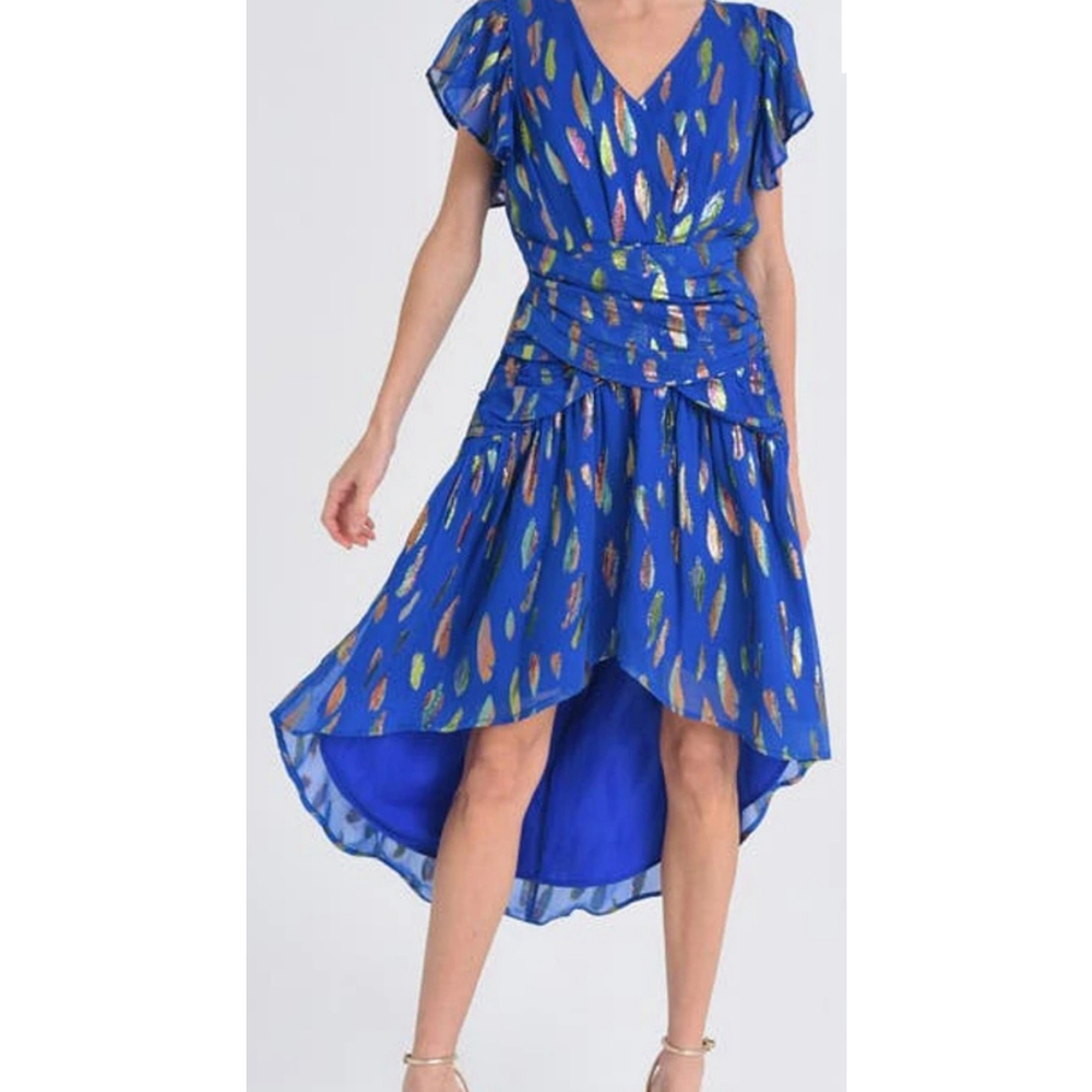 Ciebon Dress Size Medium‎ Blue Palmina Metallic Leaf Print High-Low